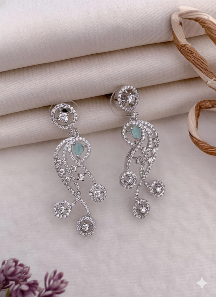 Silver Plated American Diamond Scroll Earrings with Mint Accent