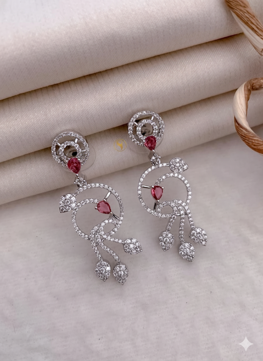 Silver Plated American Diamond Scroll Earrings with Ruby Red Accent