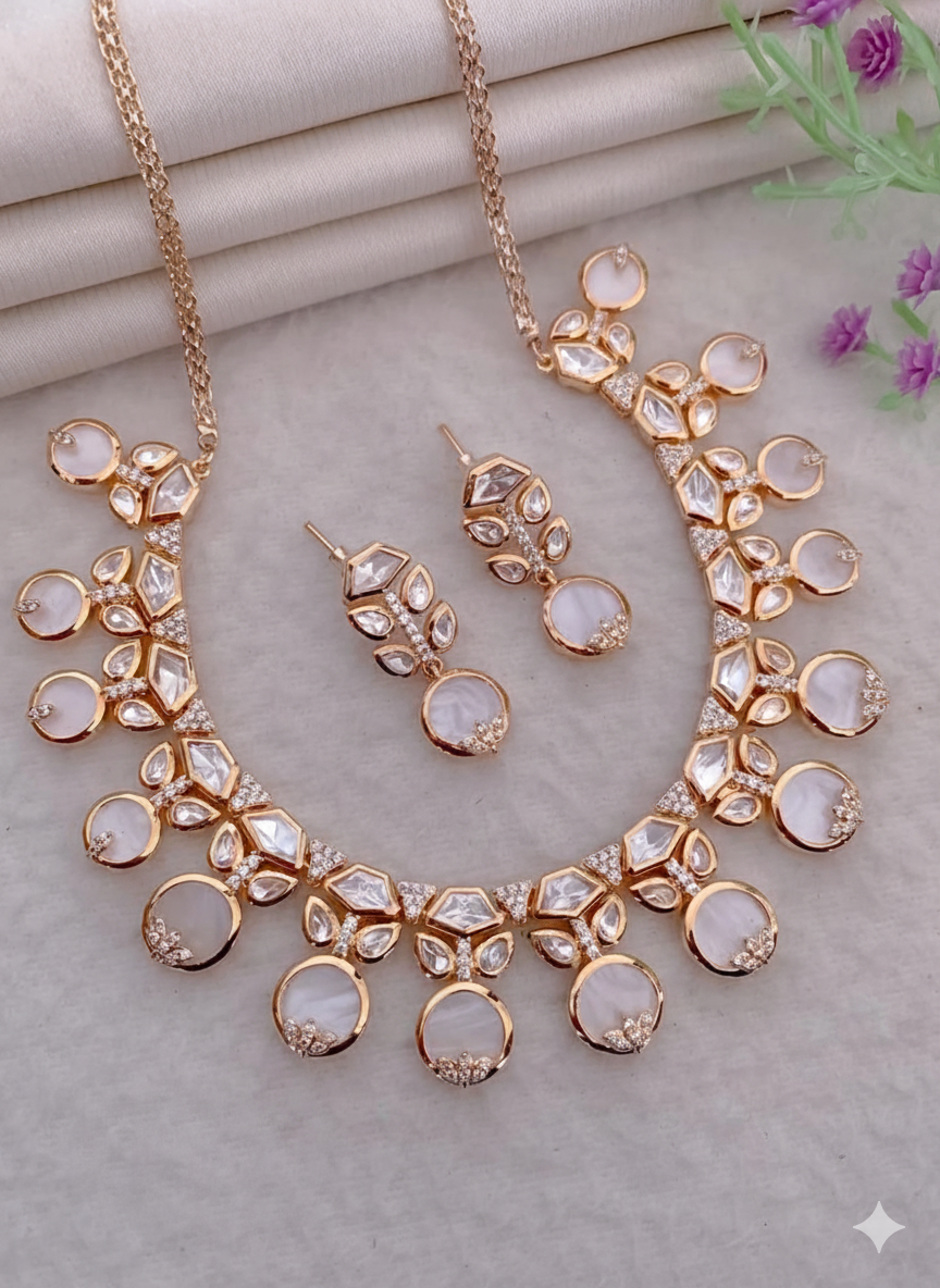 Rose Gold Plated American Diamond Necklace Set with White Stone Drops
