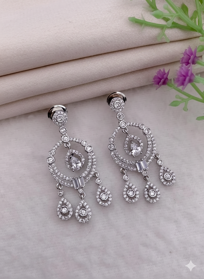 Silver Plated American Diamond Circular Chandelier Earrings