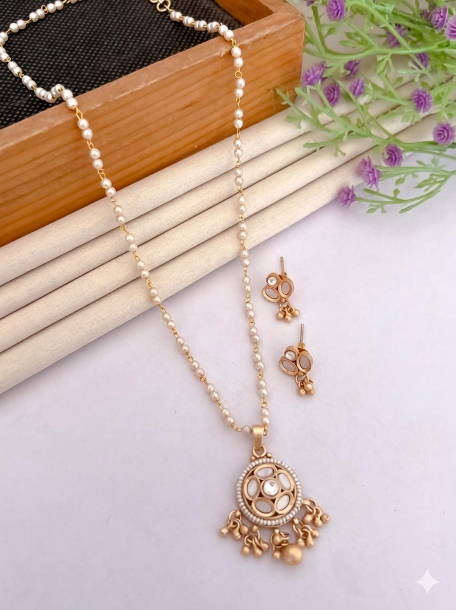Matte Gold Plated Pearl Chain Necklace with White Floral Pendant