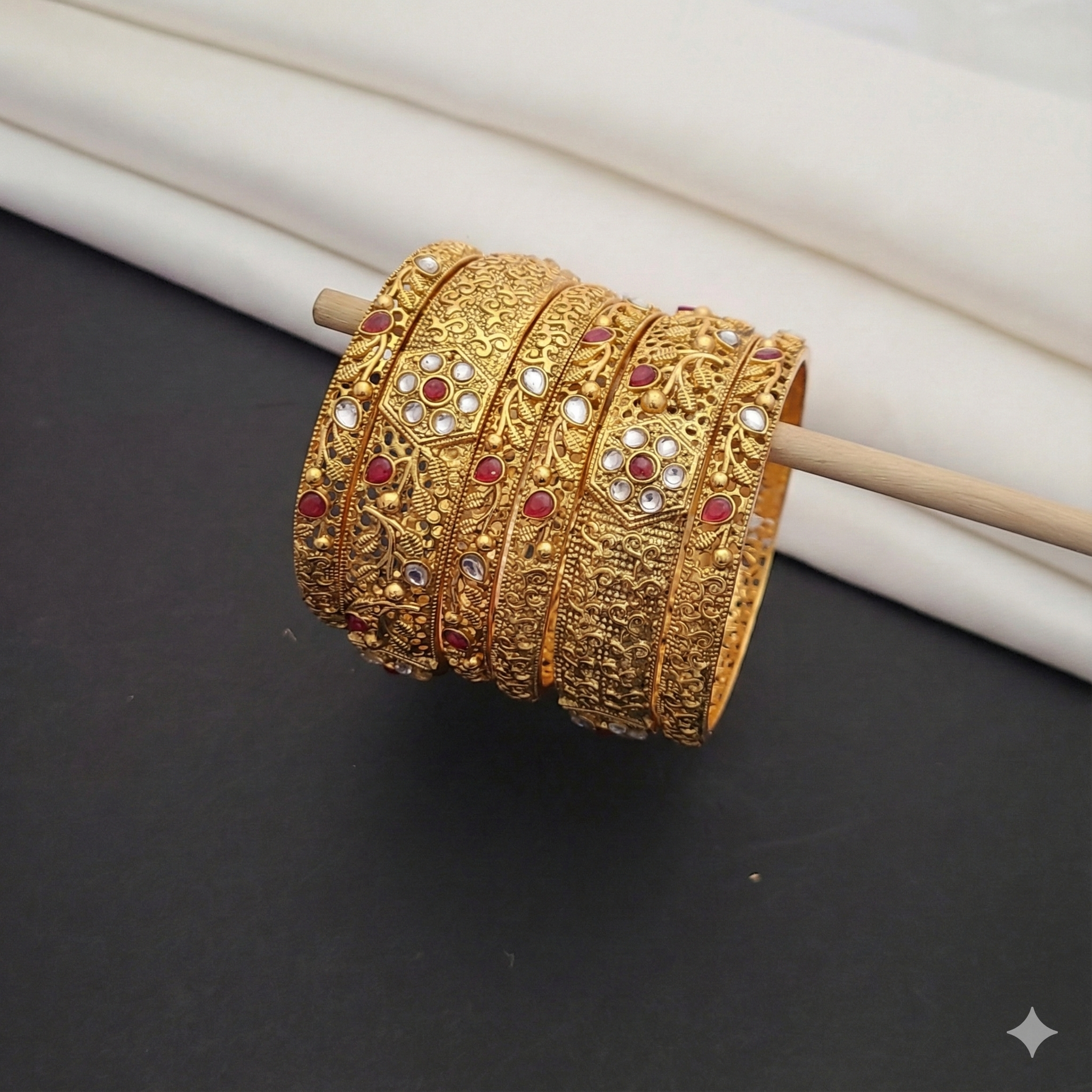 Gold Plated Bangle Set with Ruby & White Stones