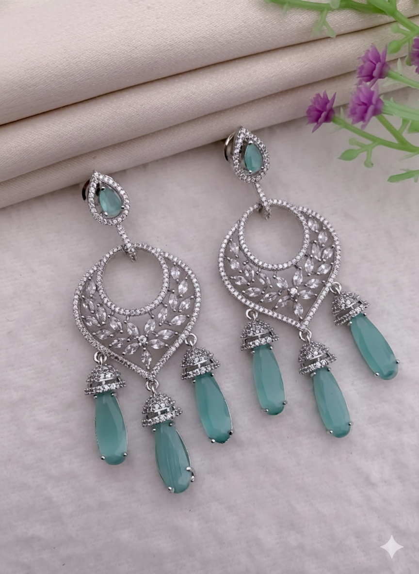 Silver Plated American Diamond Earrings with Mint Green Drops