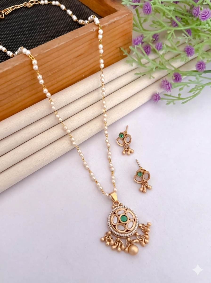 Matte Gold Plated Pearl Chain Necklace with Green Floral Pendant