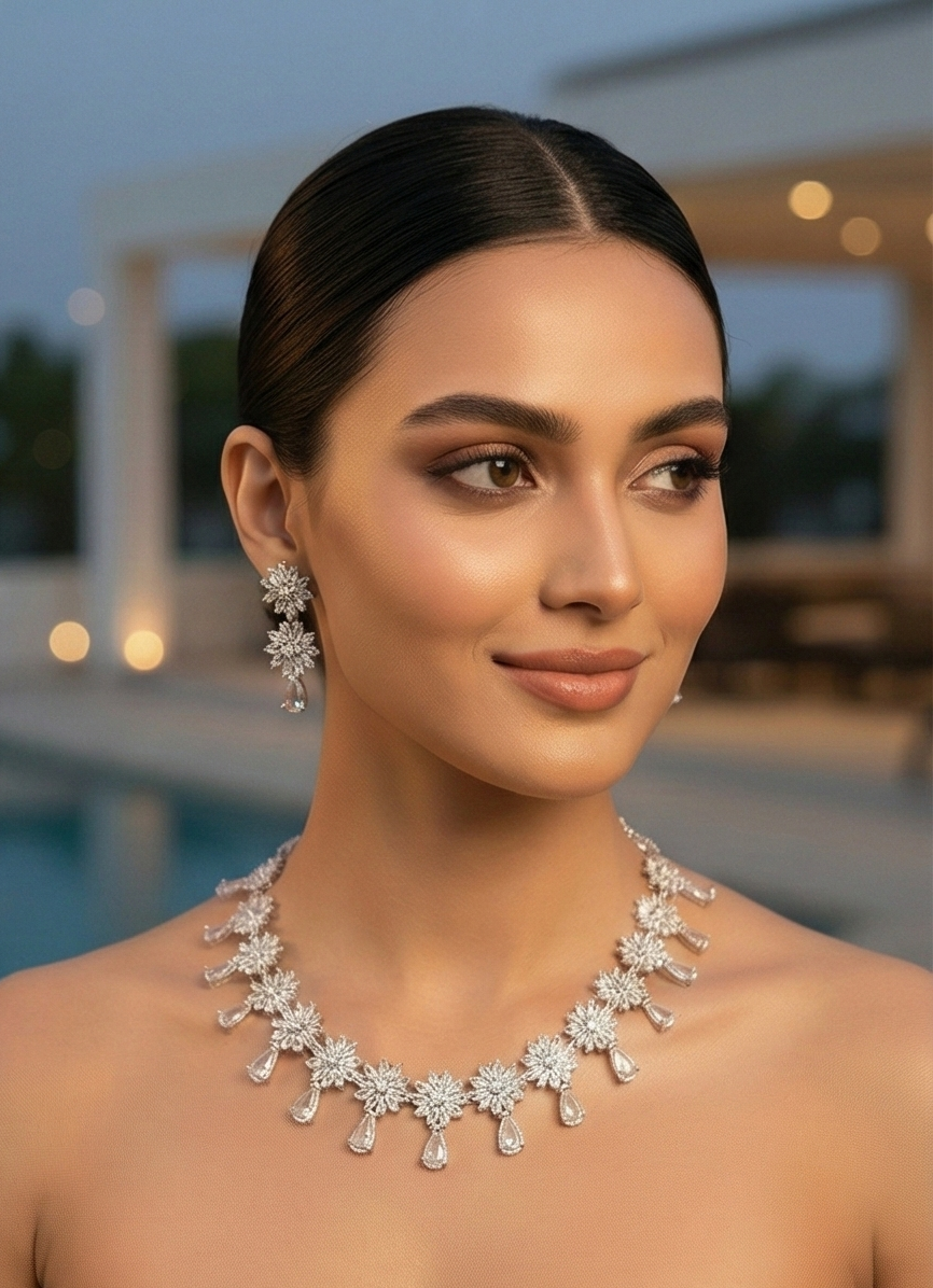 Silver Plated American Diamond Floral Necklace Set with Pear Drops