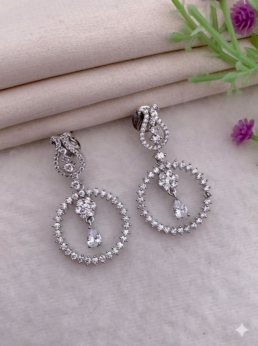 Silver Plated American Diamond Circle Drop Earrings