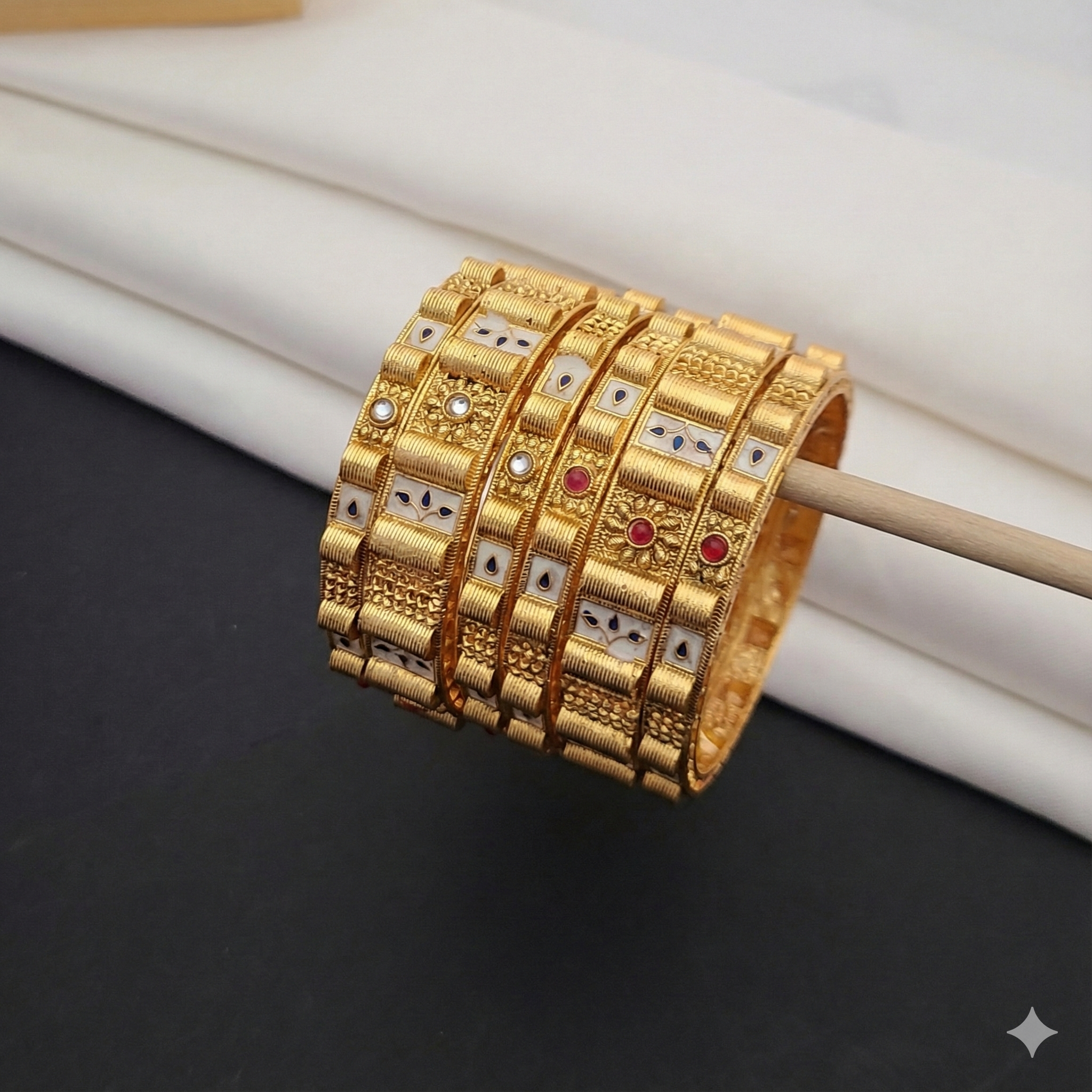 Gold Plated Geometric Bangle Set with Cream Enamel & Ruby Stones
