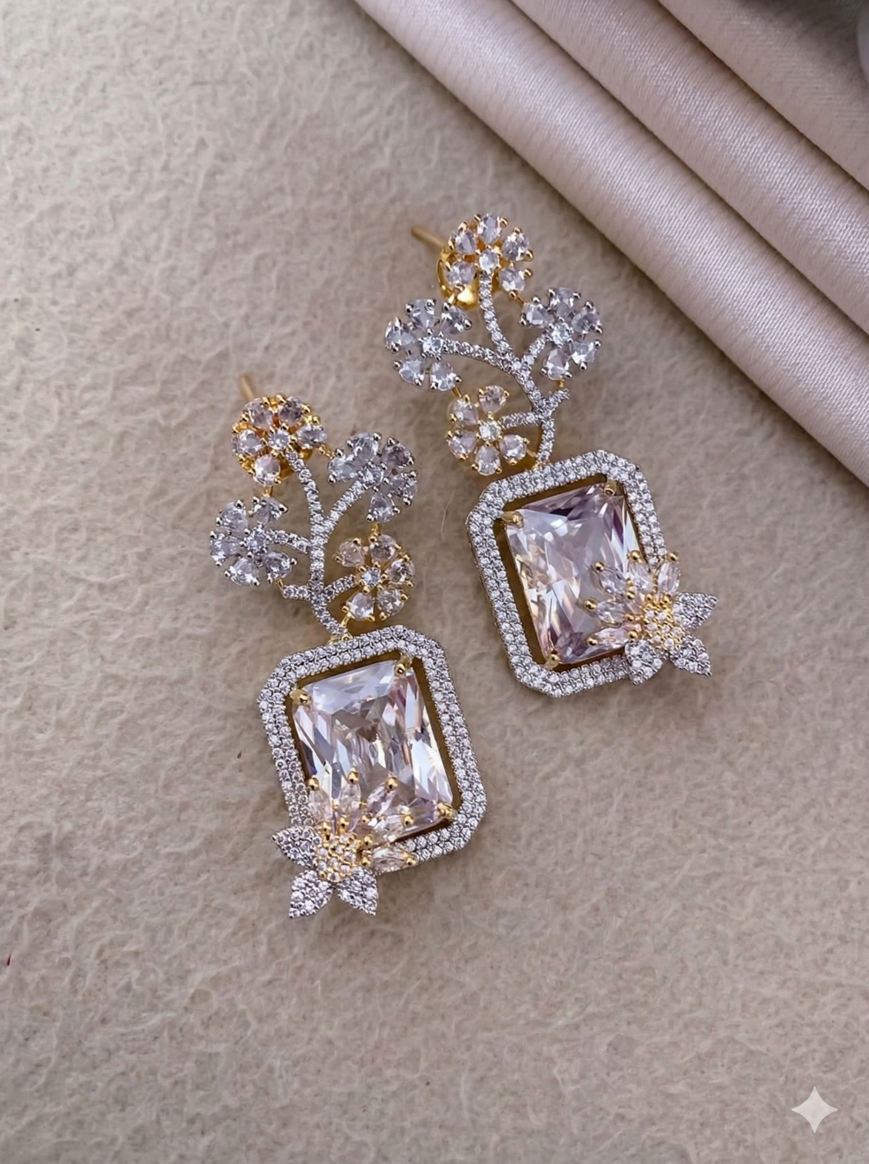 Dual Tone American Diamond Earrings with Rectangular Drop