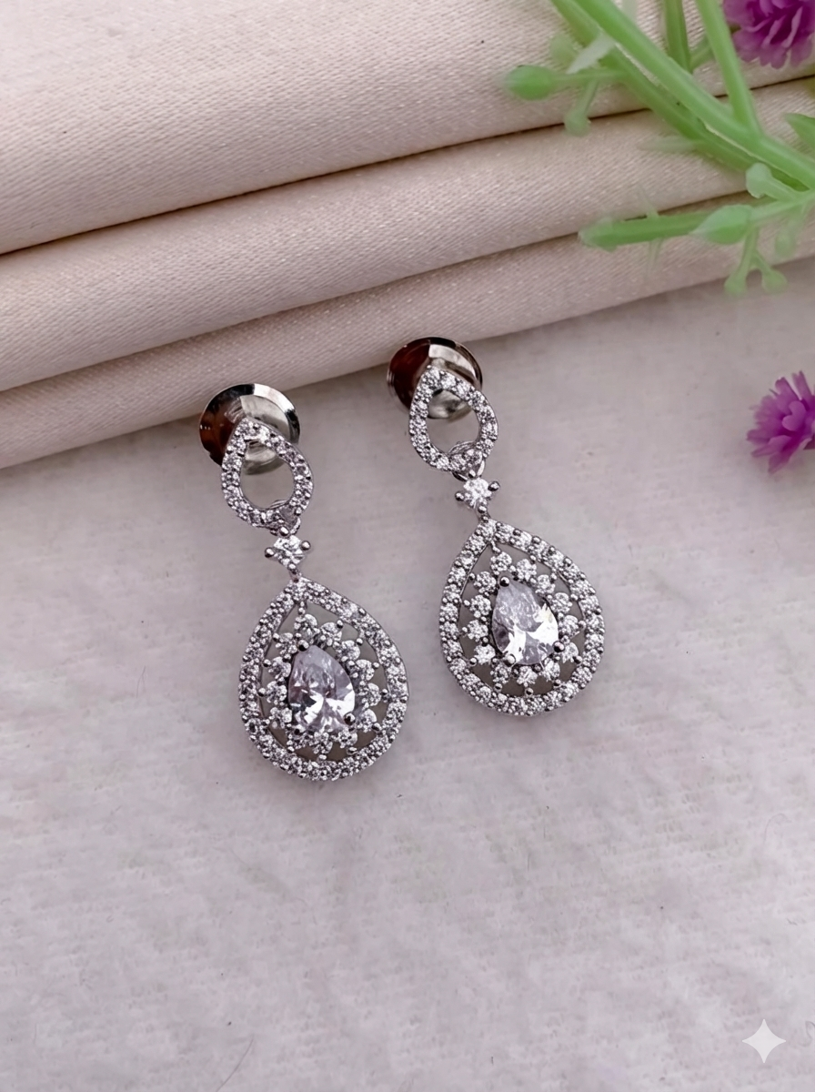 Silver Plated American Diamond Teardrop Halo Earrings