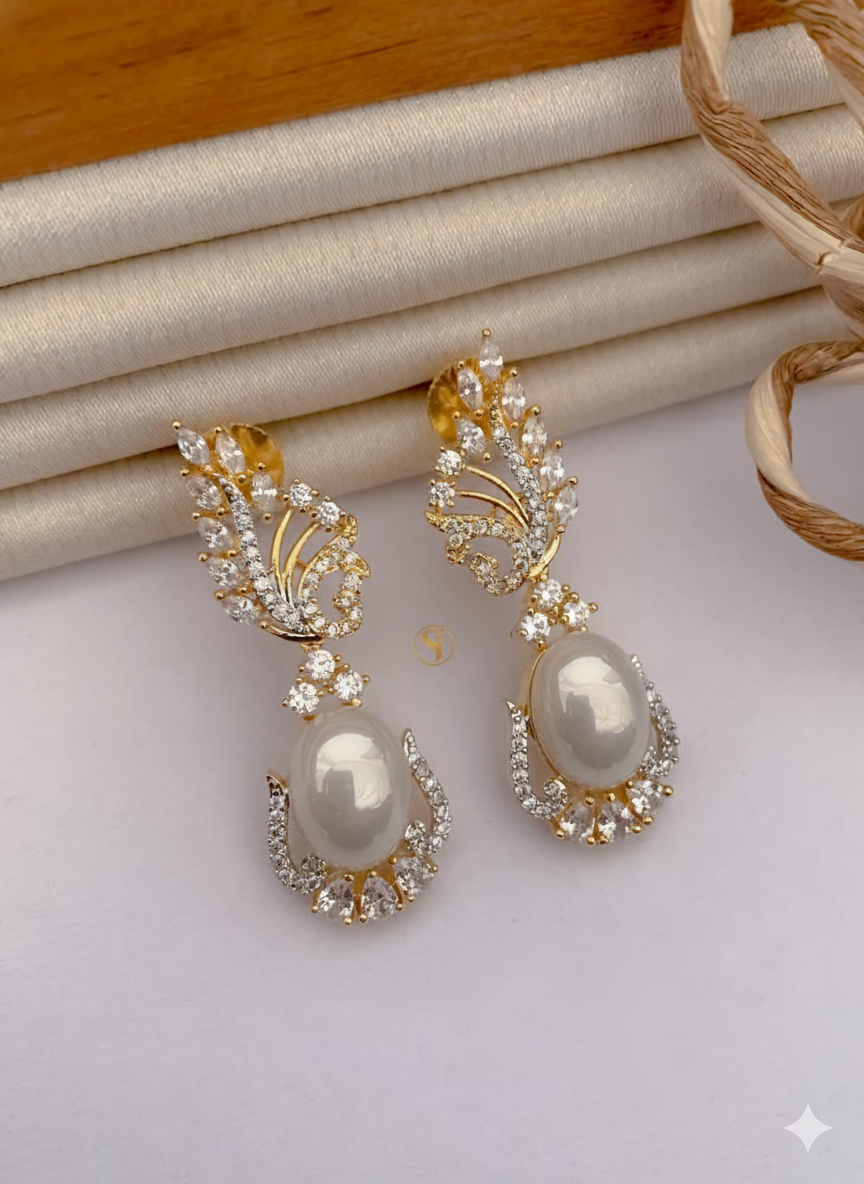 Two-Tone American Diamond Earrings with Statement Pearl Drop