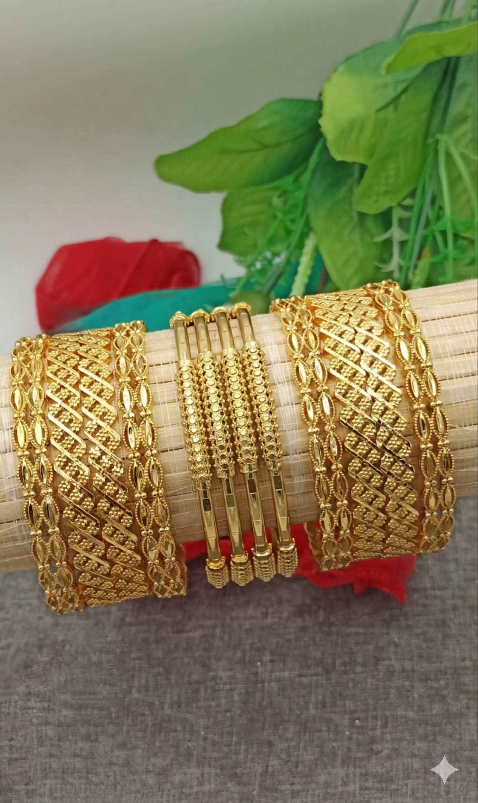 Indian Bridal Gold Tone Bangle Stack (Jali & Floral Design)