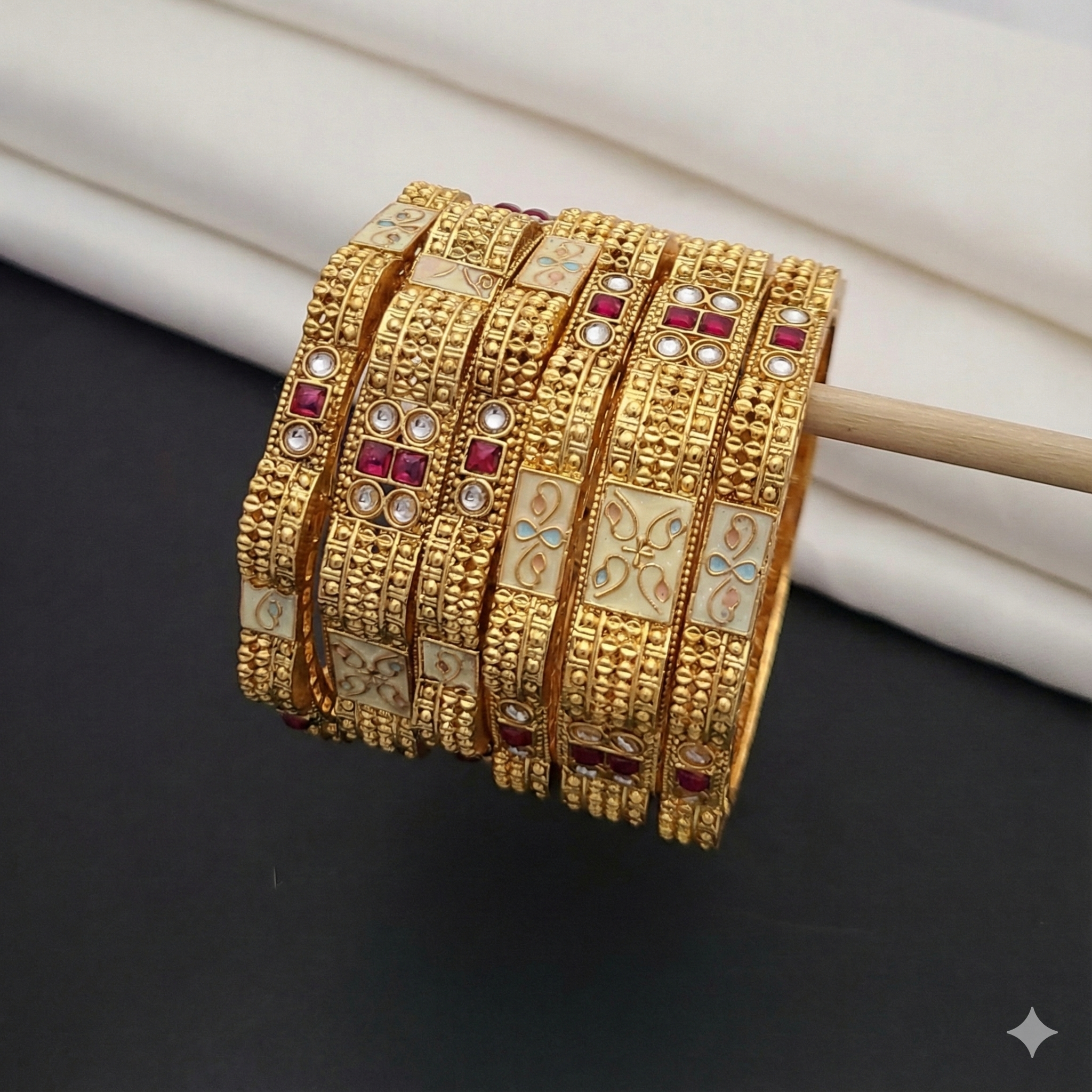 Gold Plated Enamel Bangle Set with Floral Motifs