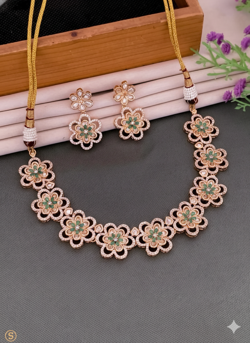 Rose Gold Plated Floral American Diamond Necklace Set with Green Accents