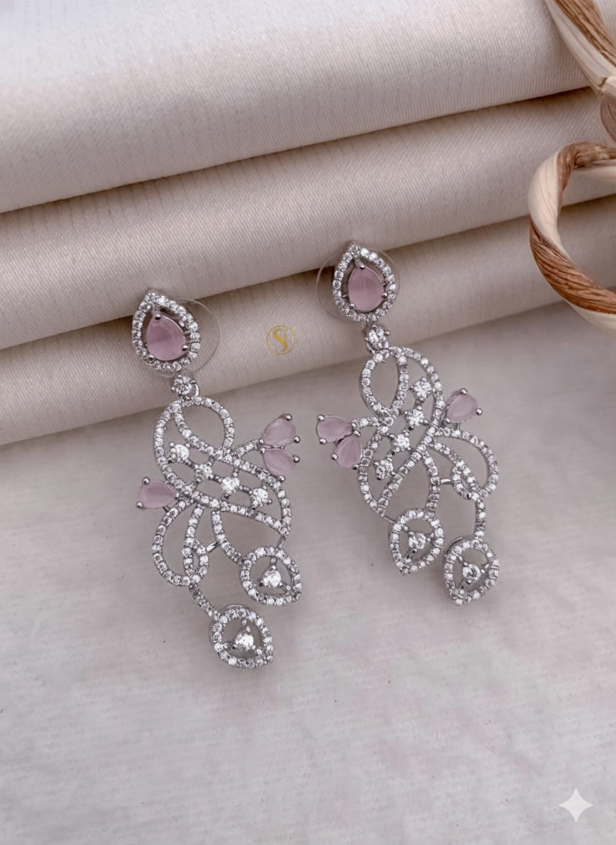Silver Plated American Diamond Scroll Earrings with Pink Accents