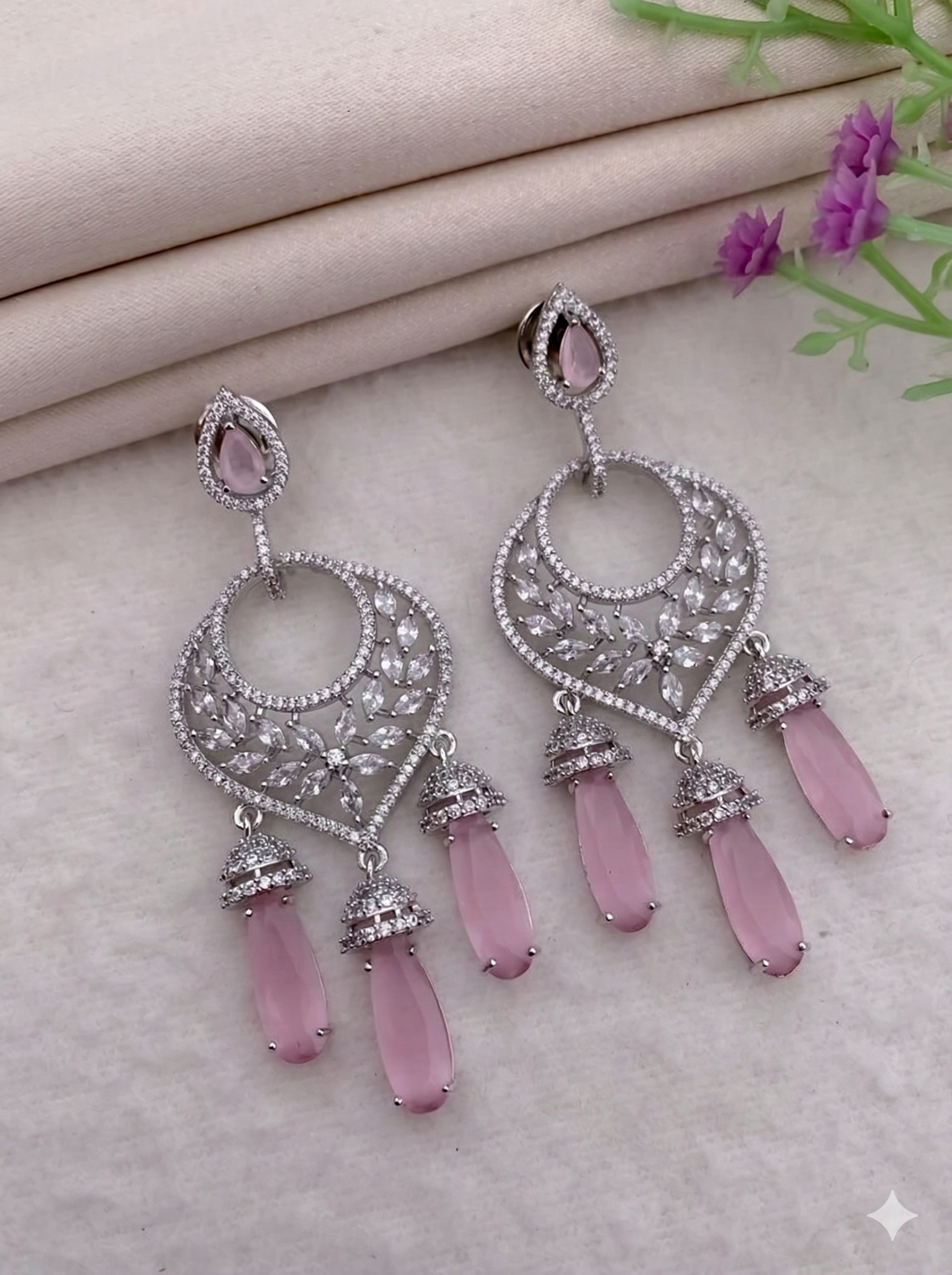 Silver Plated American Diamond Earrings with Soft Pink Drops