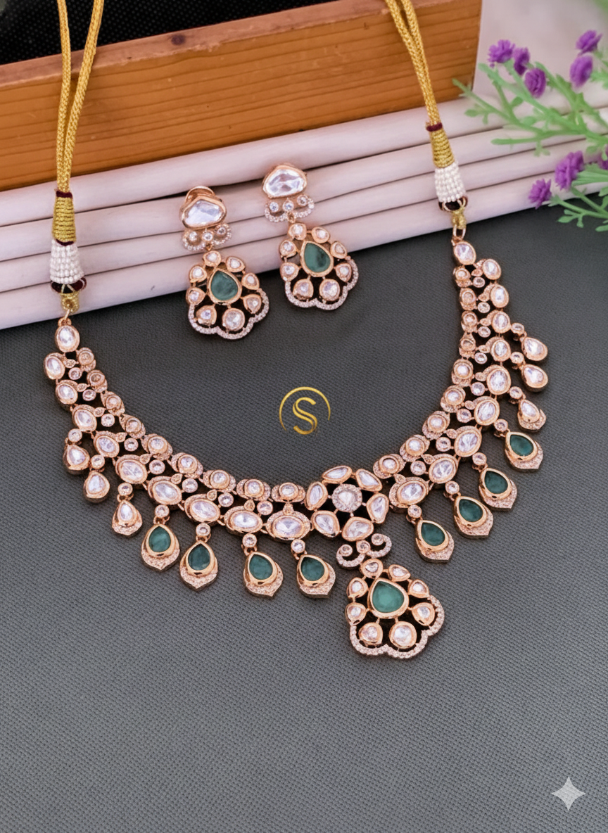 Rose Gold Plated Kundan & American Diamond Necklace Set with Green Drops