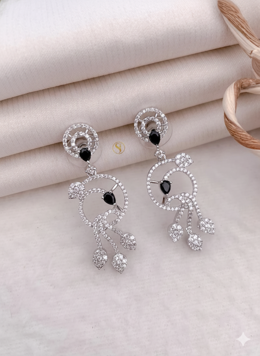 Silver Plated American Diamond Scroll Earrings with Black Accent