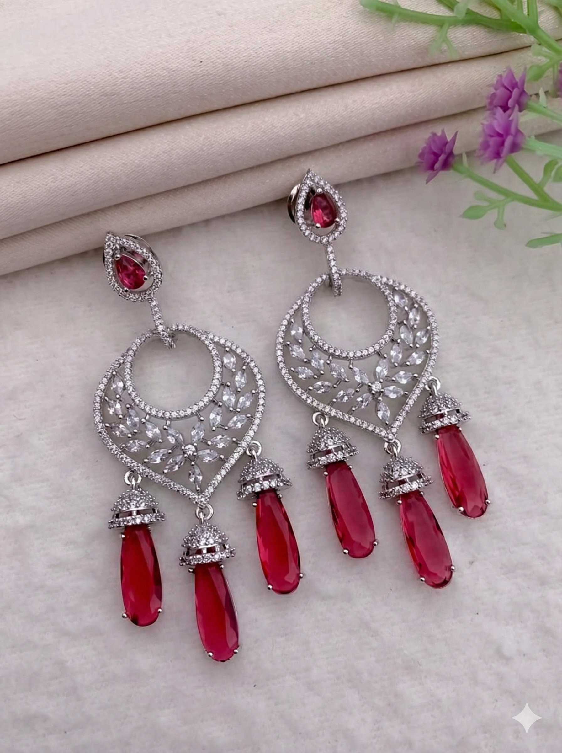 Silver Plated American Diamond Earrings with Ruby Red Drops
