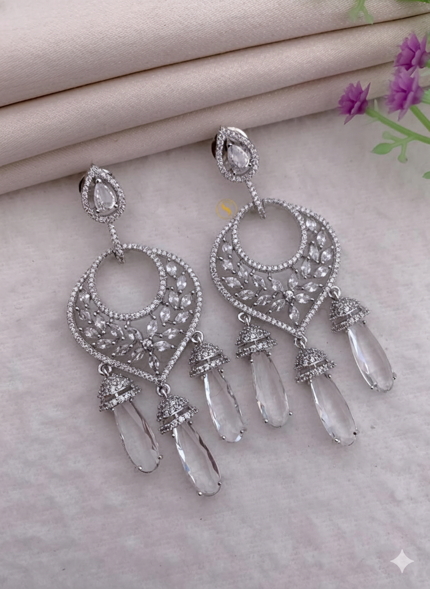 Silver Plated American Diamond Earrings with Clear Crystal Drops