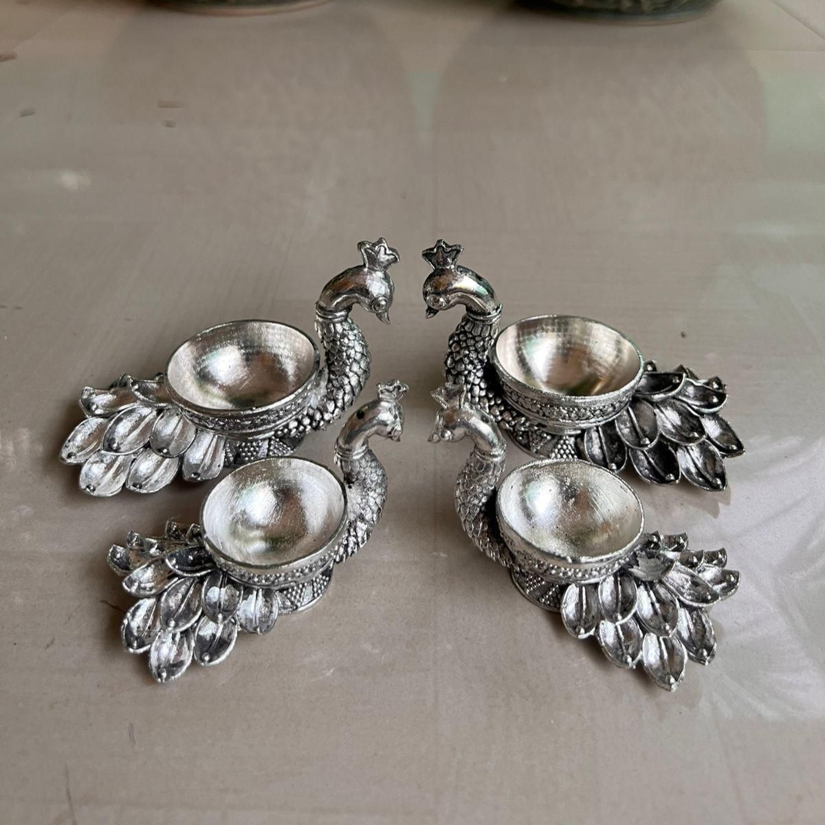 German Silver Peacock Design Kumkum Holder (Set of 4)
