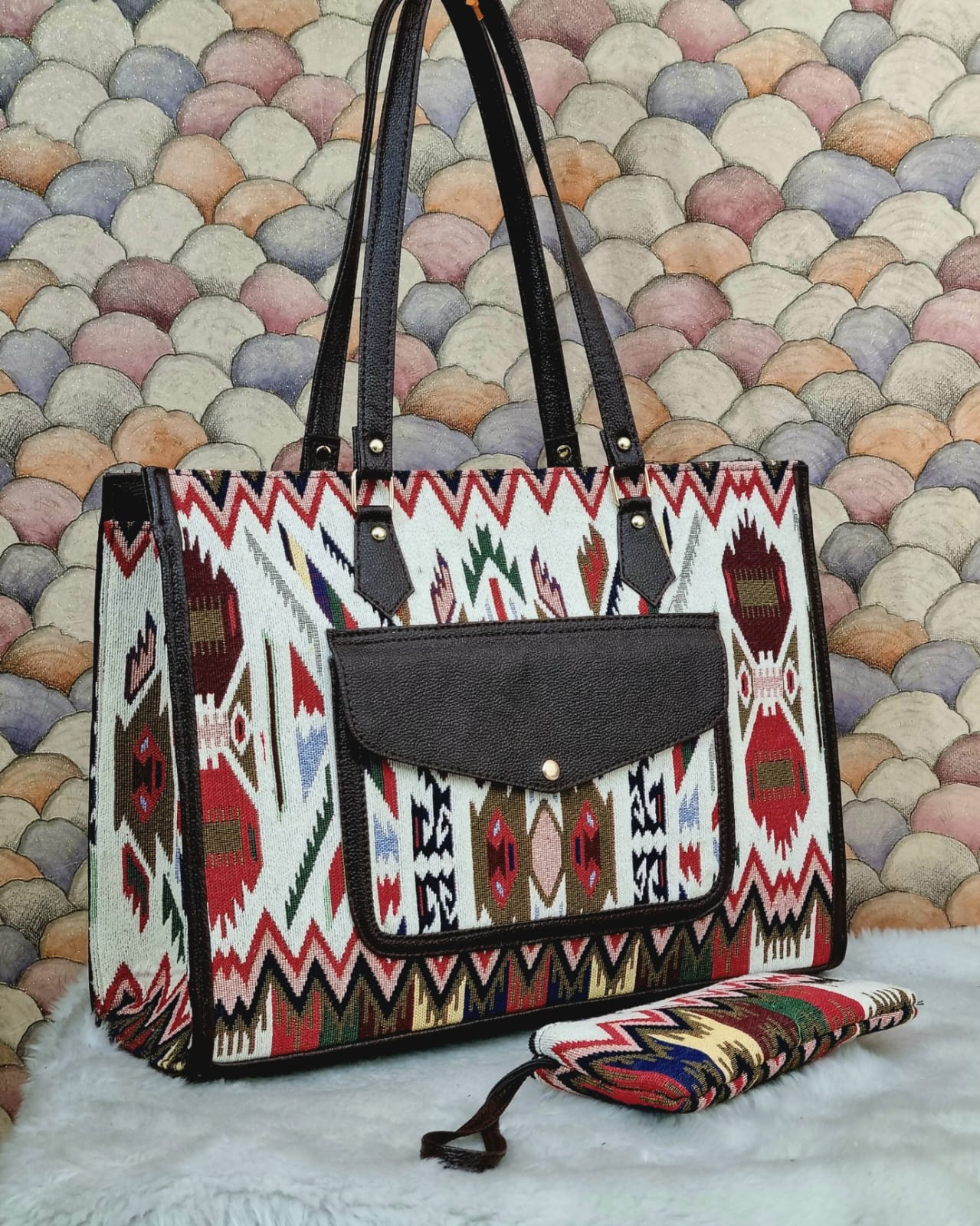 Bohemian Ikat Print Tote Bag – Multi-Color with Matching Pouch