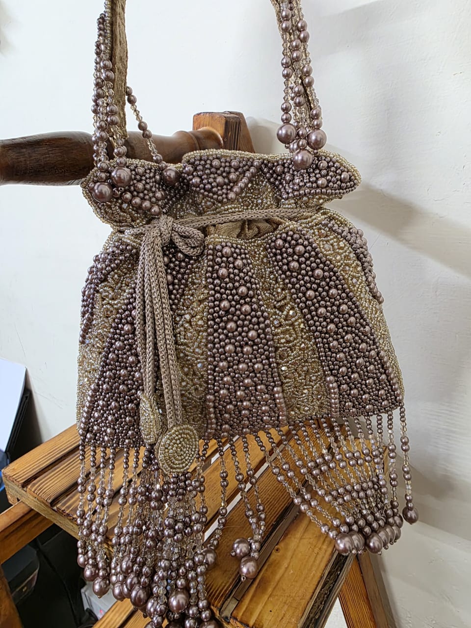 Champagne Bronze Pearl Potli Bag with Tassel Fringe
