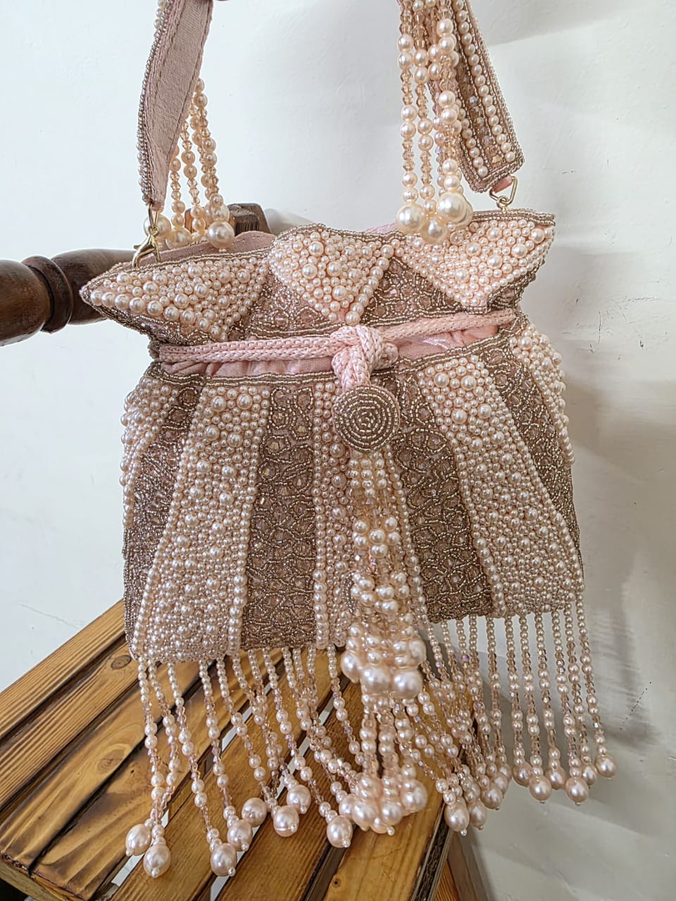 Blush Pink Pearl Potli – Rose Gold & Crystal Beaded