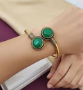 Gold Plated Dual Green Stone Open Cuff Bracelet