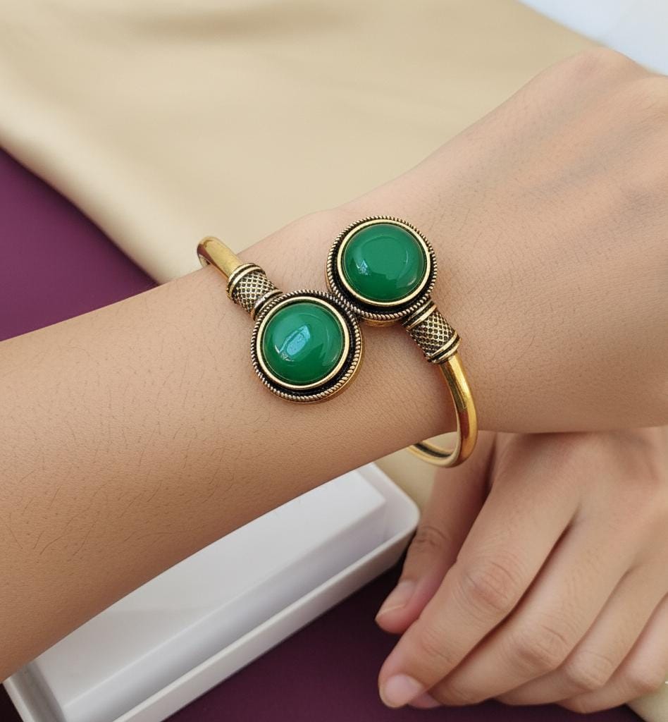 Gold Plated Dual Green Stone Open Cuff Bracelet