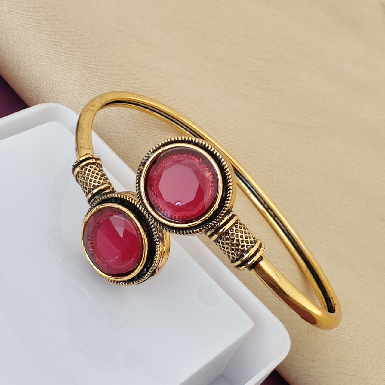 Gold Plated Dual Ruby Pink Stone Open Cuff Bracelet