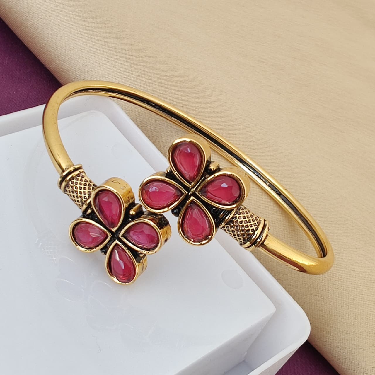 Gold Plated Ruby Pink Floral Cuff Bracelet