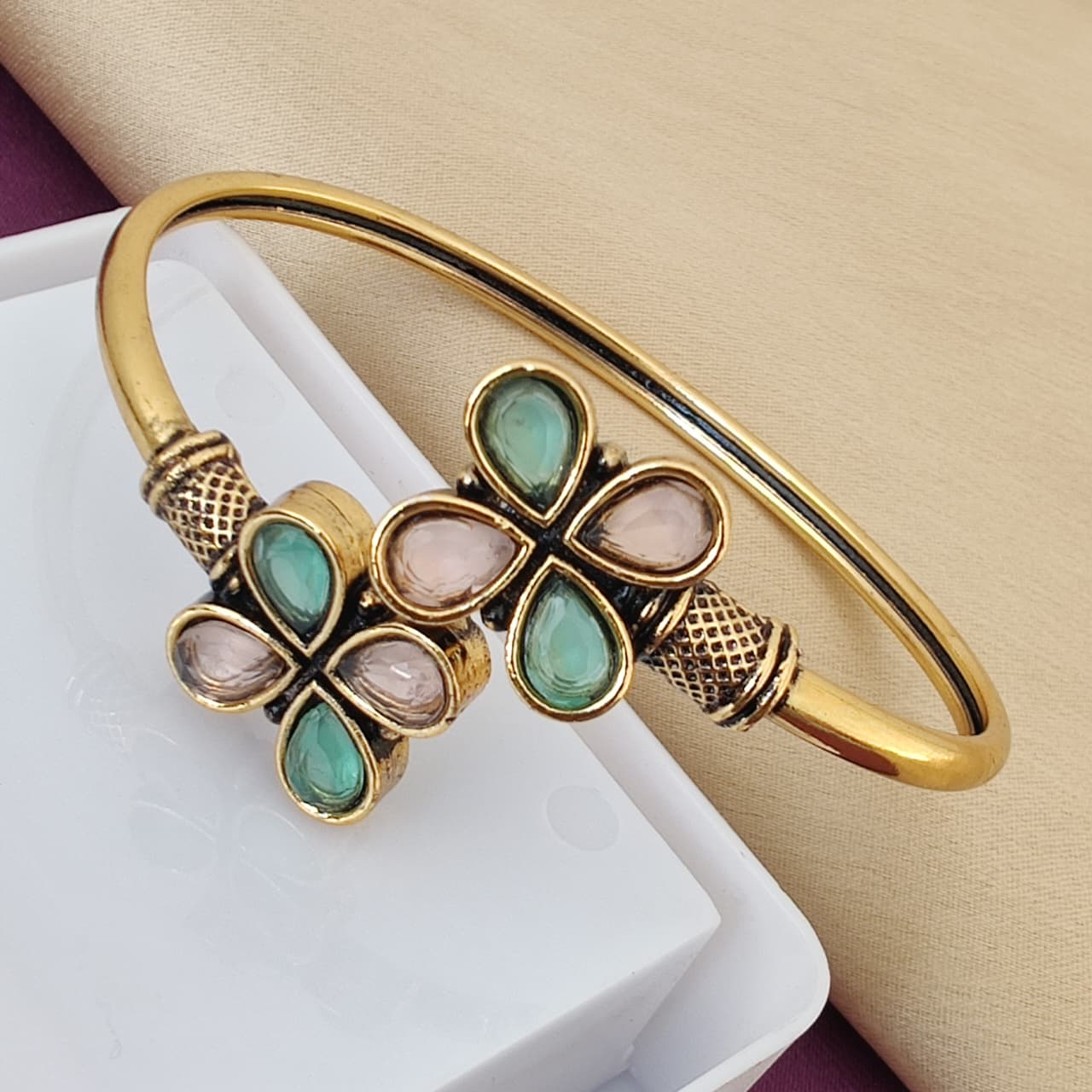 Gold Plated Pastel Floral Cuff Bracelet