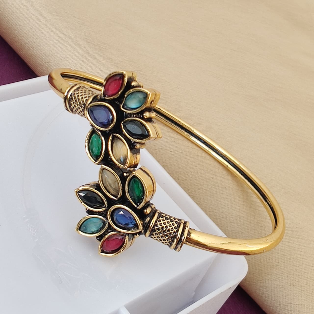 Gold Plated Navratna Style Leaf Cuff Bracelet