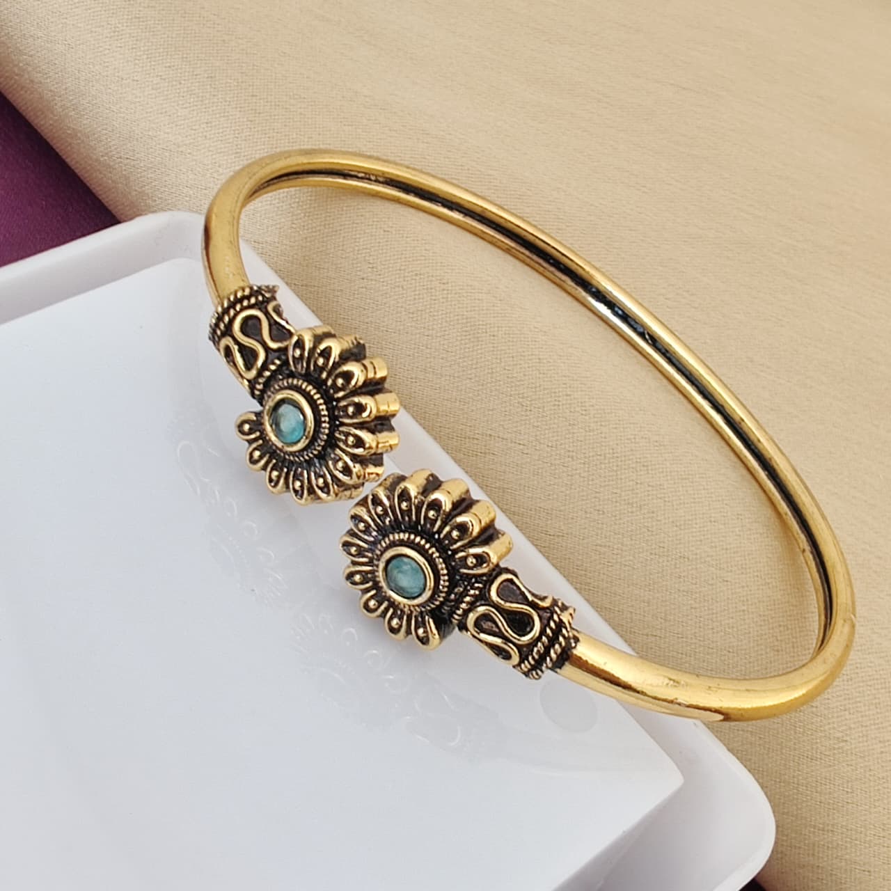 Gold Plated Floral Cuff with Turquoise Stone