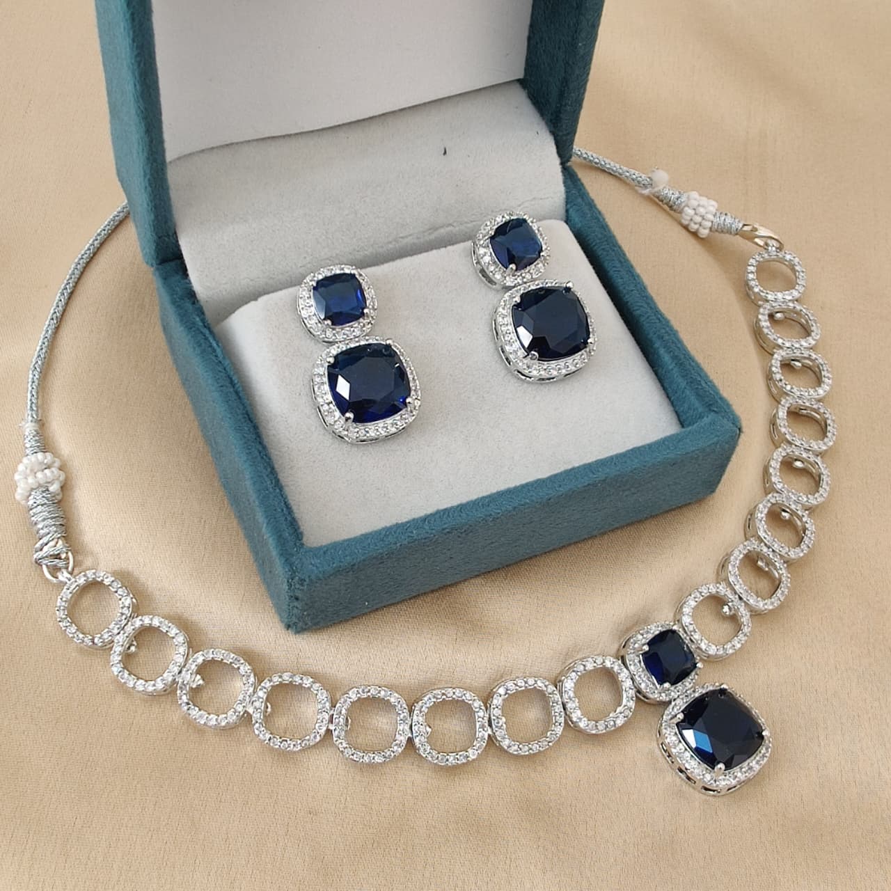 Silver Plated American Diamond Necklace Set with Royal Blue Stones
