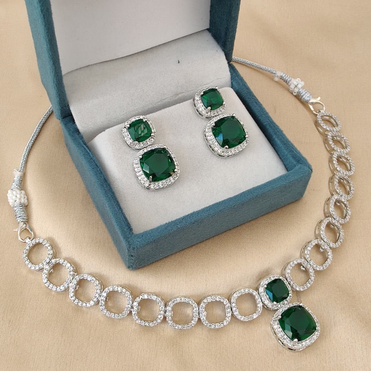 Silver Plated American Diamond Necklace Set with Emerald Green Stones