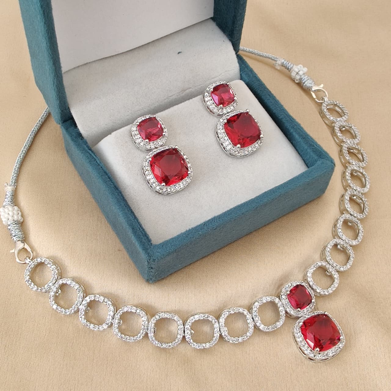 Silver Plated American Diamond Necklace Set with Ruby Red Stone