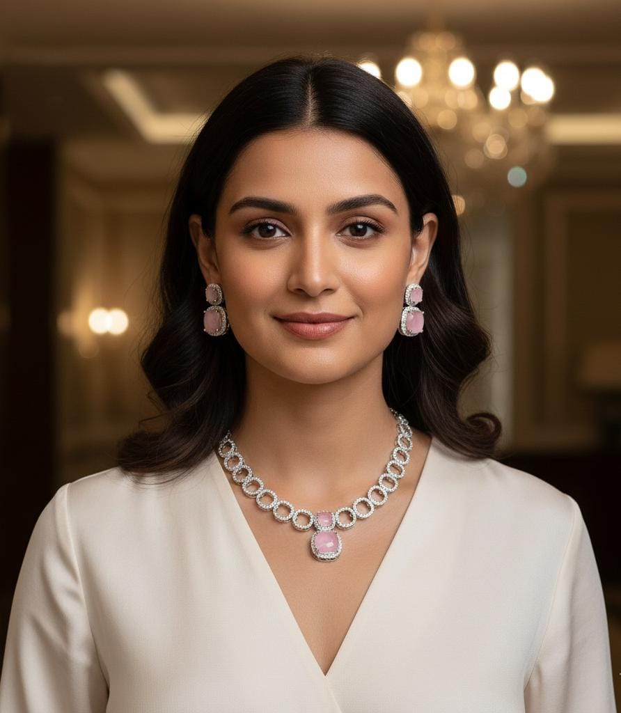 Silver Plated American Diamond Necklace Set with Blush Pink Stone