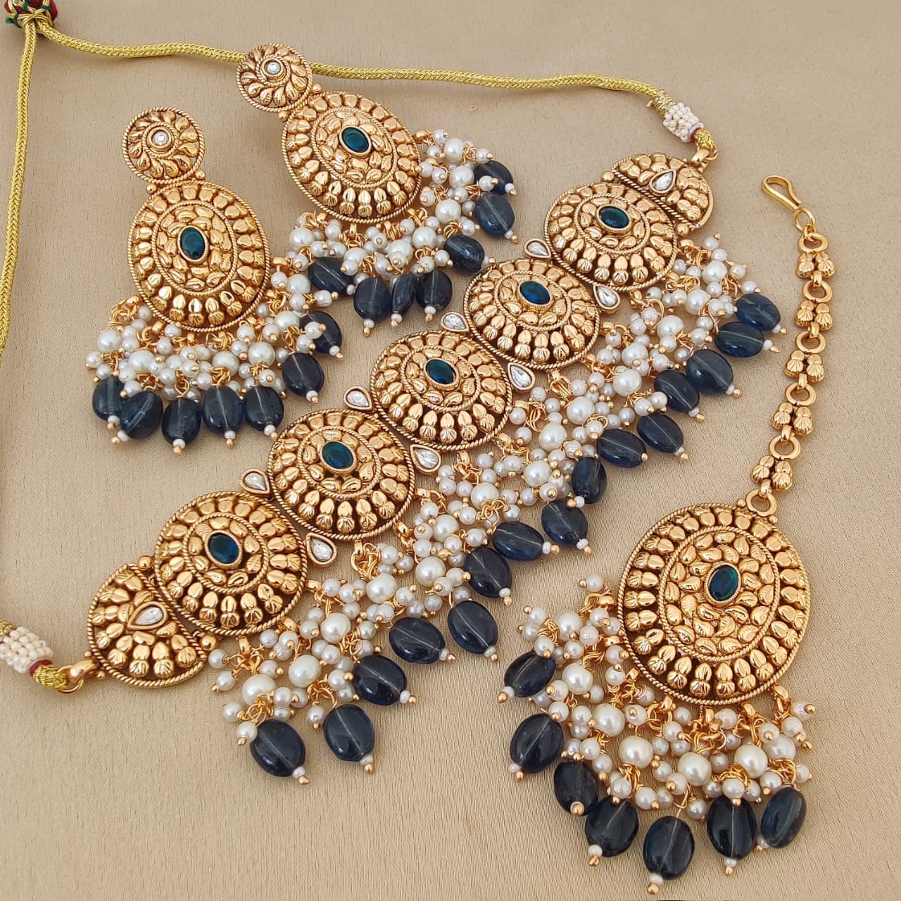 Gold Plated Choker Necklace Set with Deep Blue Beads & Maang Tikka