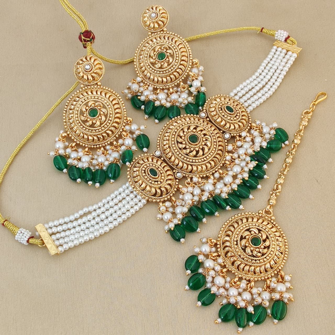 Gold Plated Choker Set with Emerald Green Beads & Pearls Maang Tikka