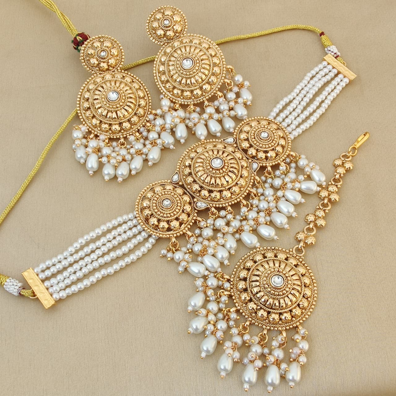 Gold Plated Choker Set with White Pearl Drops & Beaded Chains Maang Tikka