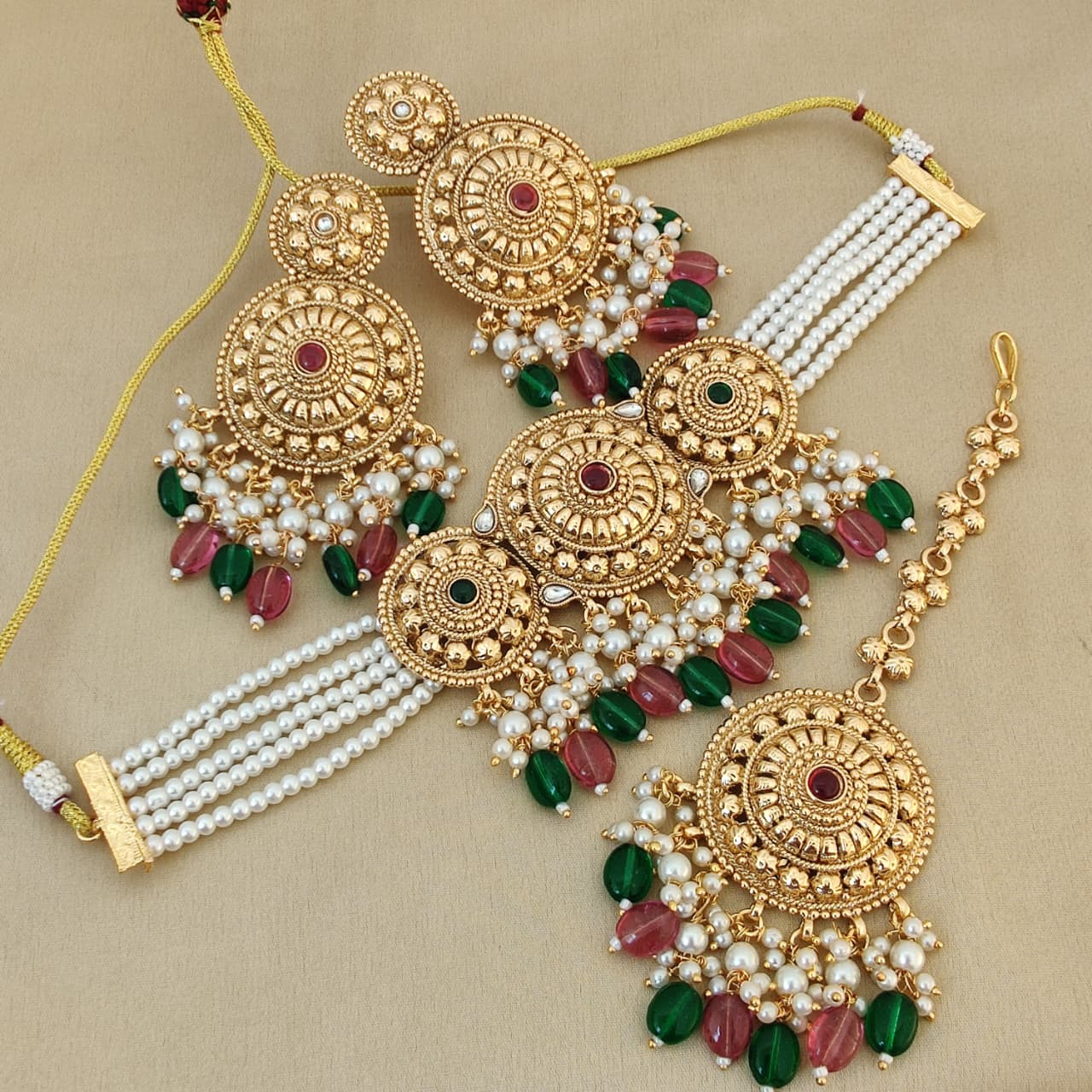 Gold Plated Choker Set with Pink & Green Beads Maang Tikka