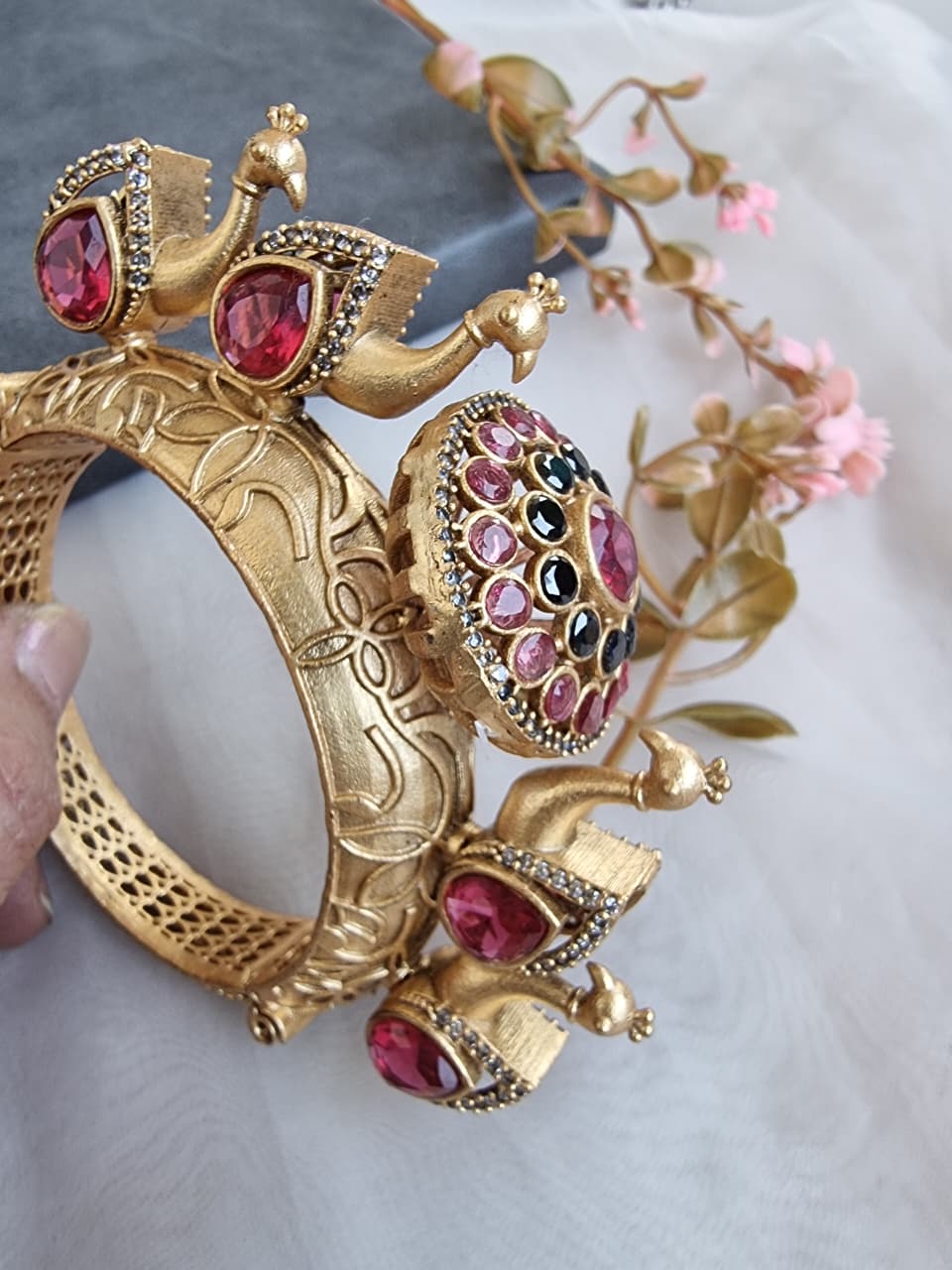 Gold Peacock Kada with Ruby Pink Stones