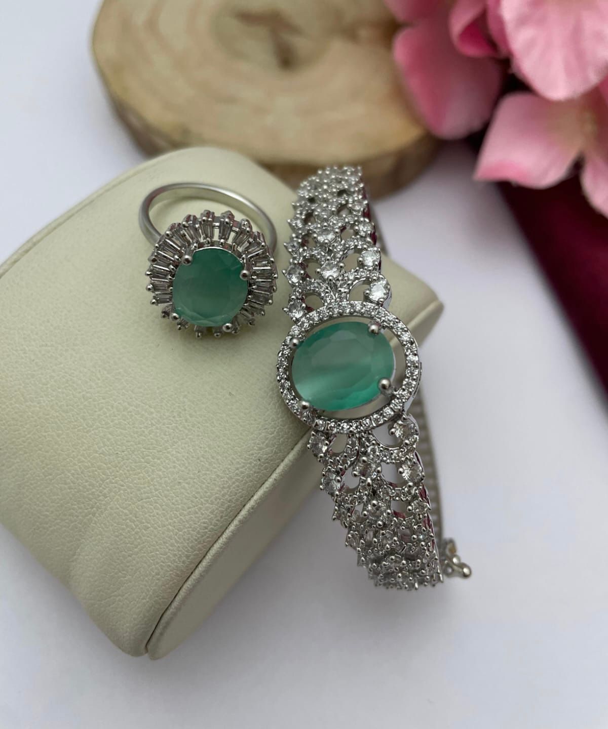 Silver Radiance: Mint Green Oval Stone Bracelet & Ring Combo