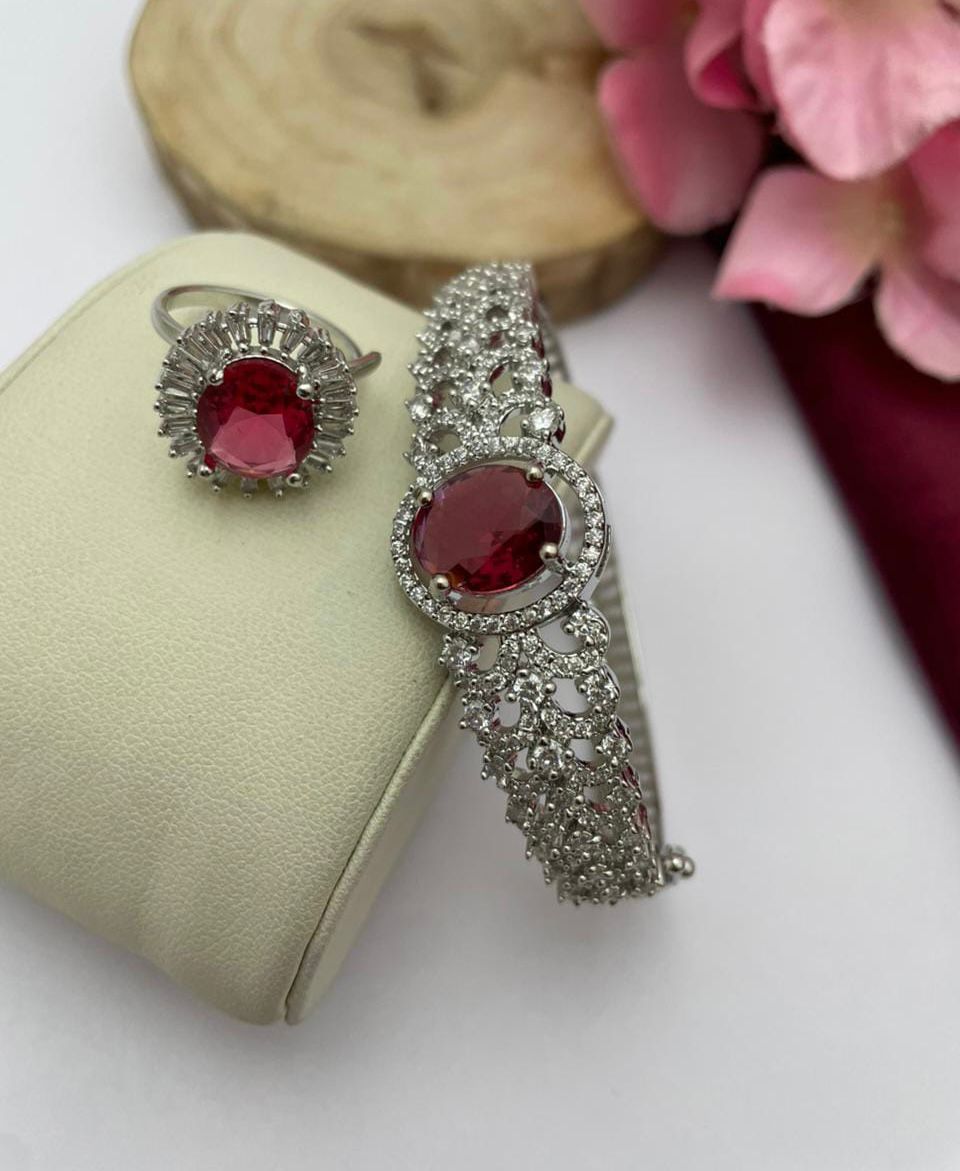 Silver Radiance: Ruby Red Oval Stone Bracelet & Ring Combo