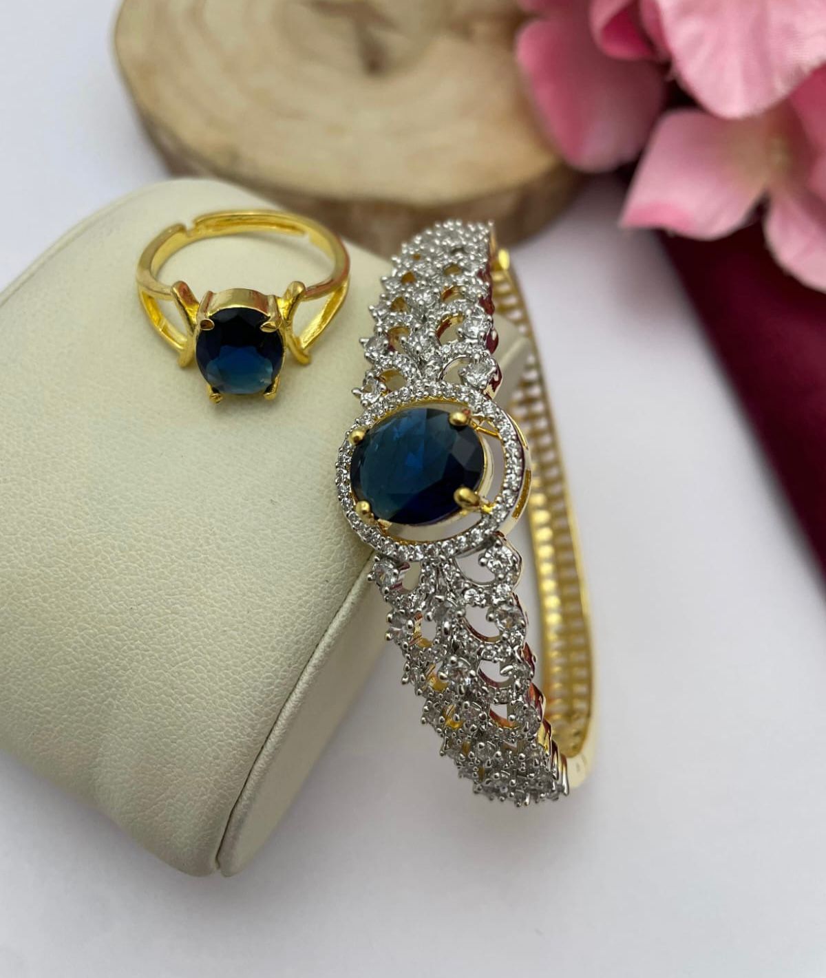 Gold Radiance: Royal Blue Oval Stone Bracelet & Ring Combo