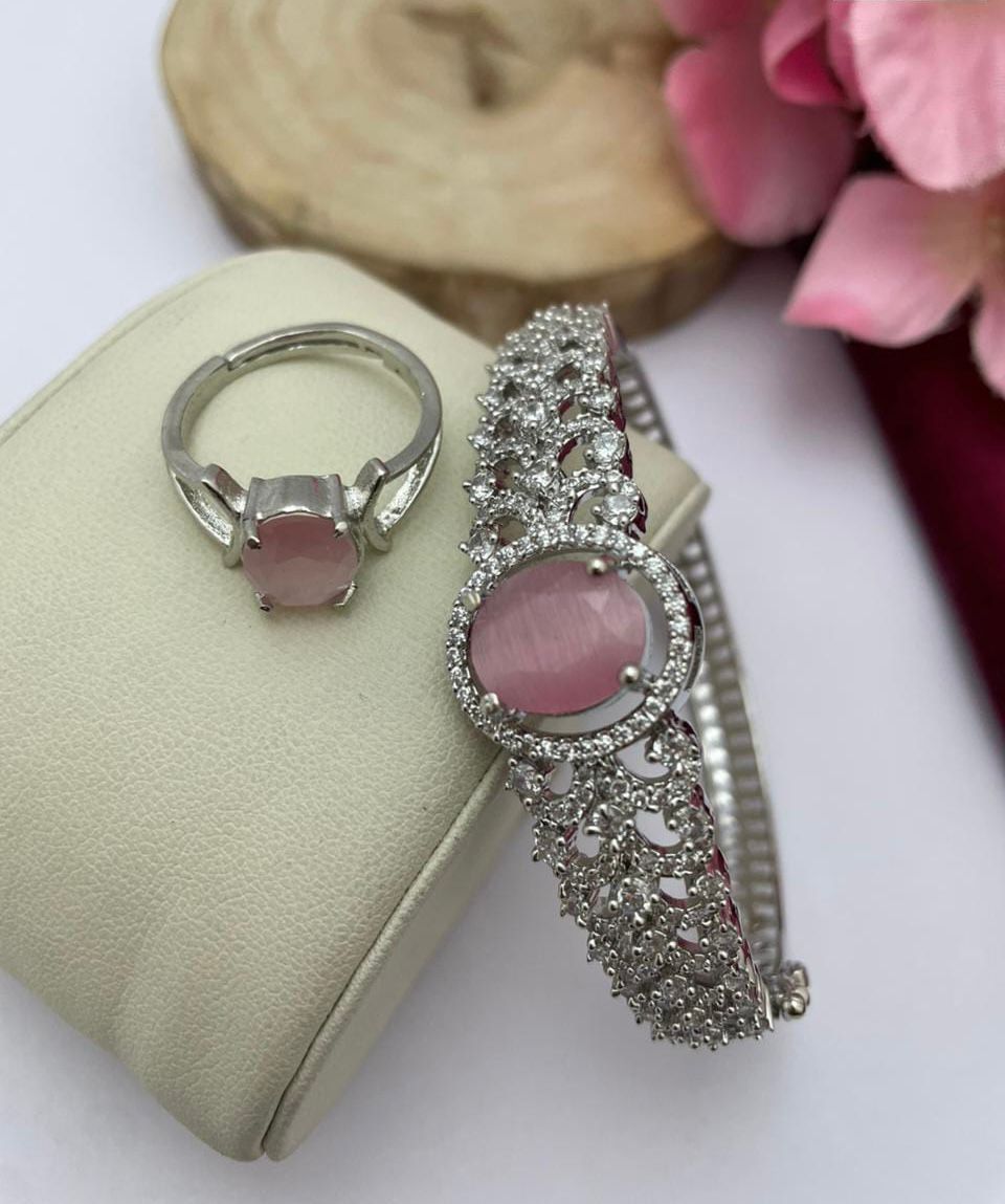 Silver Radiance: Blush Pink Oval Stone Bracelet & Ring Combo