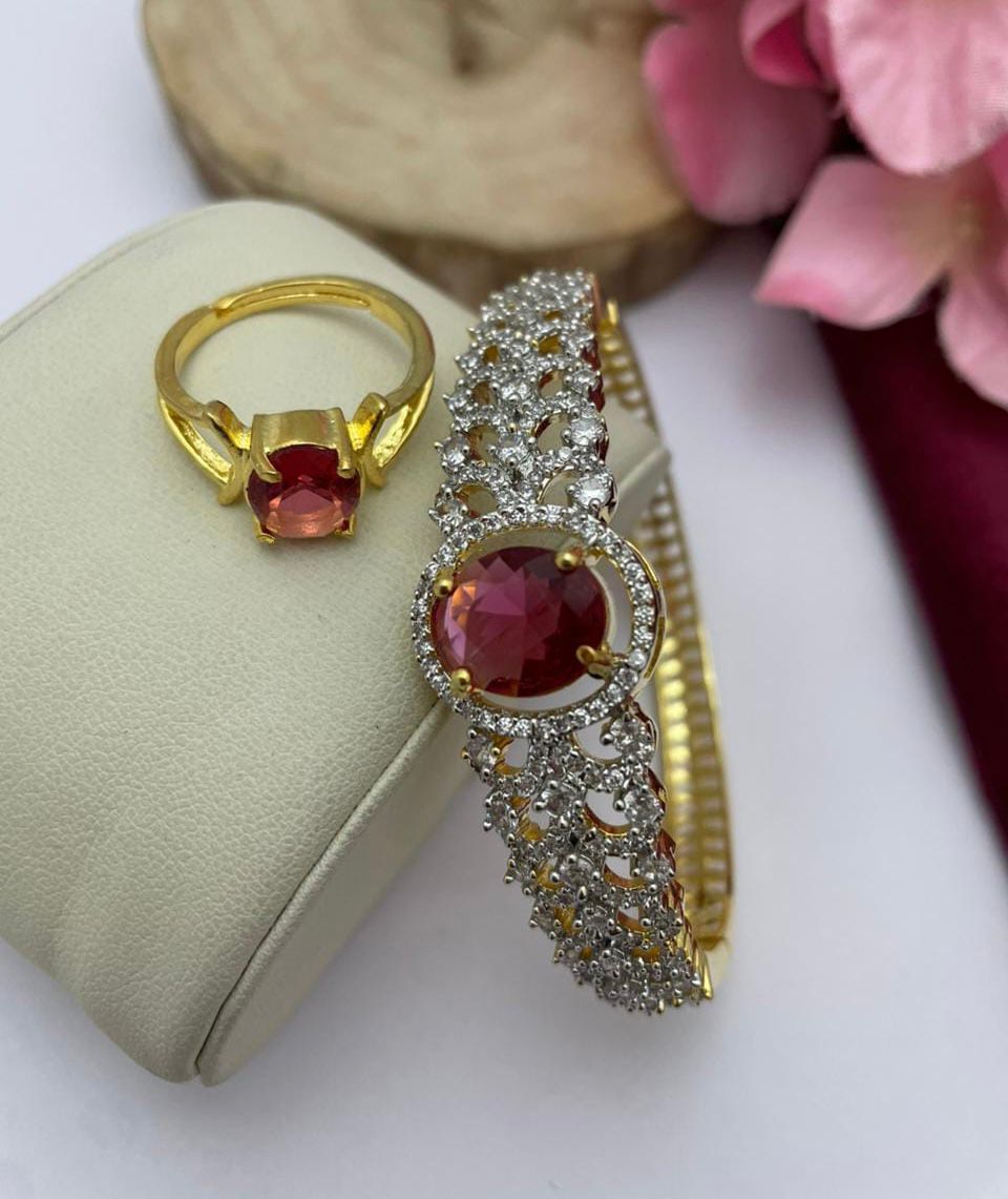 Gold Radiance: Ruby Red Oval Stone Bracelet & Ring Combo