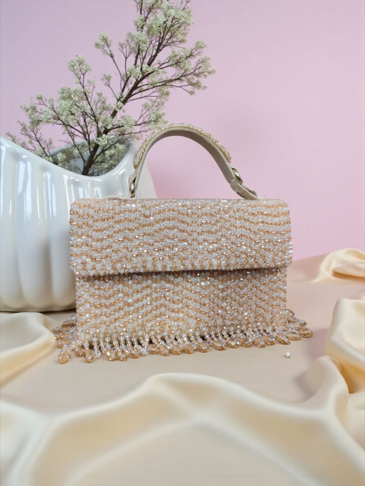 Champagne Beaded Bag with Crystal Fringe