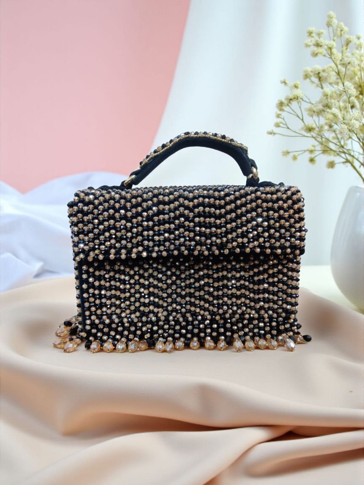 Black & Gold Beaded Bag with Crystal Fringe